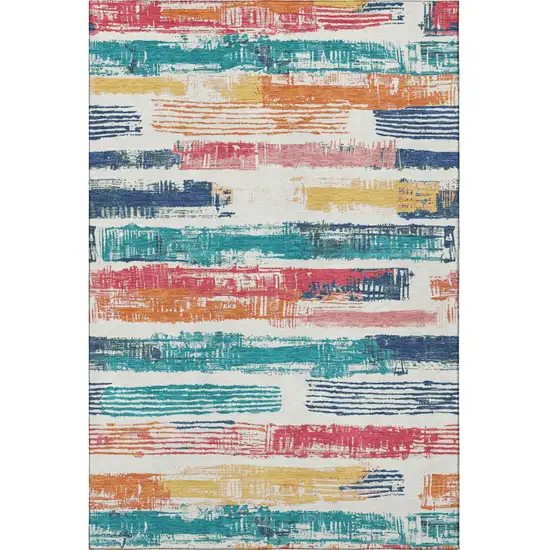 Ivory Teal And Orange Striped Washable Area Rug With UV Protection Photo 3