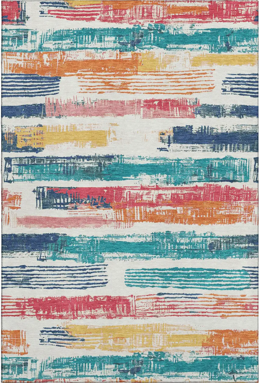 Ivory Teal And Orange Striped Washable Area Rug With UV Protection Photo 1
