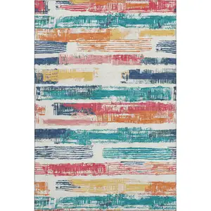 Photo of Ivory Teal And Orange Striped Washable Area Rug With UV Protection
