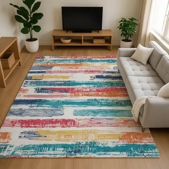Ivory Teal And Orange Striped Washable Area Rug With UV Protection Photo 4