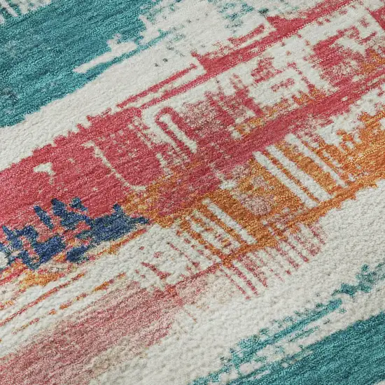 Ivory Teal And Orange Striped Washable Area Rug With UV Protection Photo 9