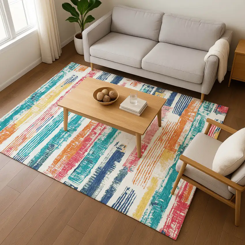 Ivory Teal And Orange Striped Washable Area Rug With UV Protection Photo 5