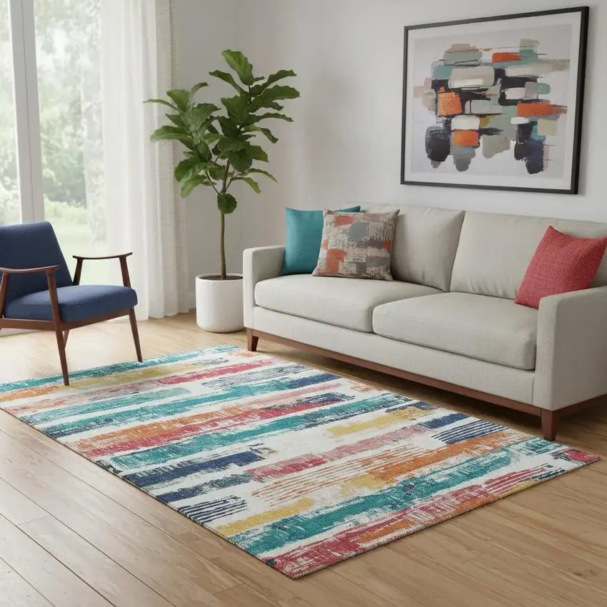 Ivory Teal And Orange Striped Washable Area Rug With UV Protection Photo 2