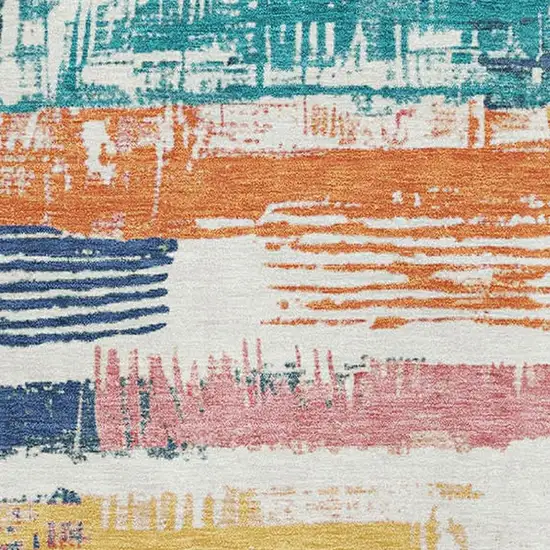 Ivory Teal And Orange Striped Washable Area Rug With UV Protection Photo 2