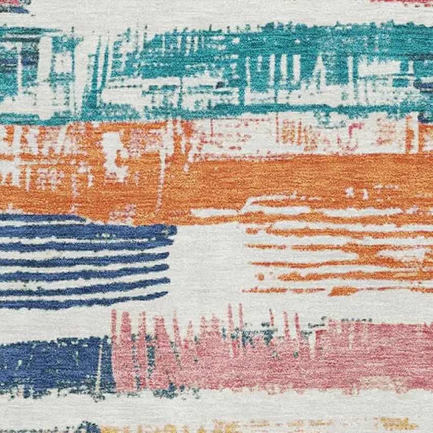 Ivory Teal And Orange Striped Washable Area Rug With UV Protection Photo 2