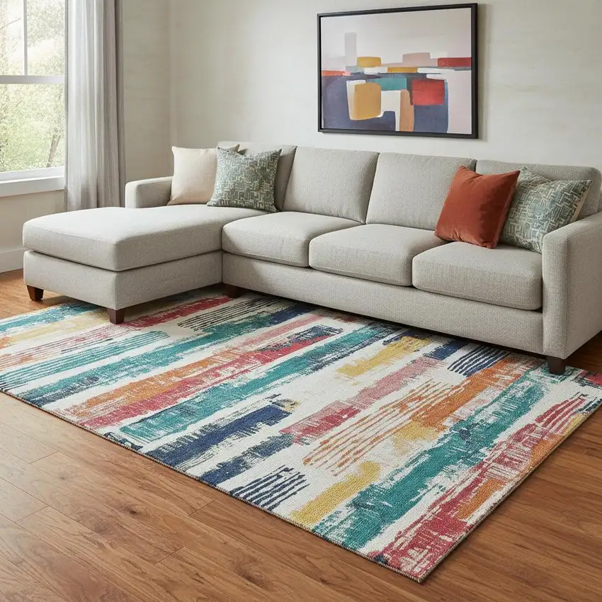 Ivory Teal And Orange Striped Washable Area Rug With UV Protection Photo 2