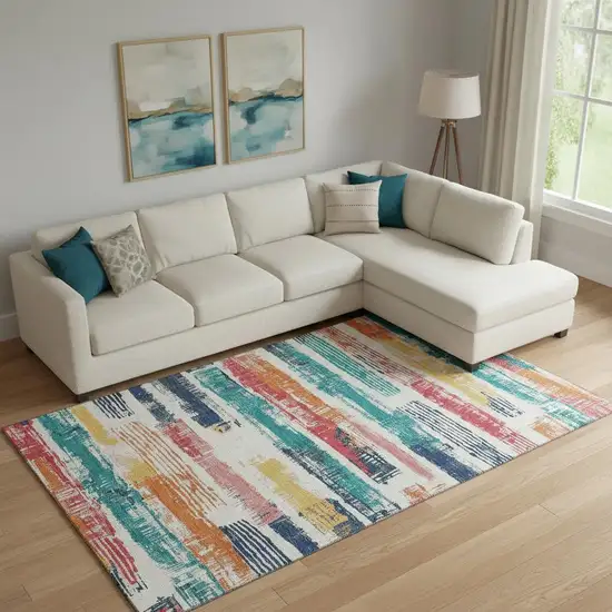 Ivory Teal And Orange Striped Washable Area Rug With UV Protection Photo 2
