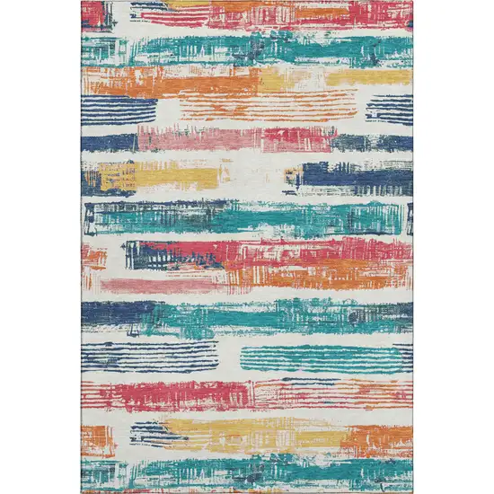 Ivory Teal And Orange Striped Washable Area Rug With UV Protection Photo 1