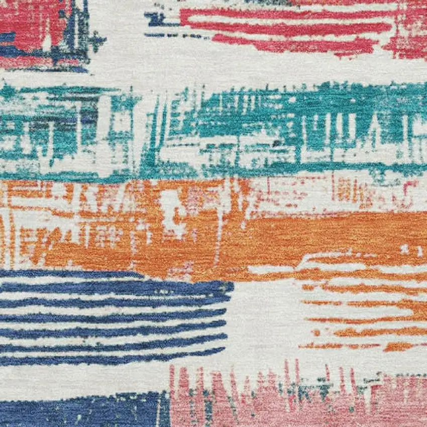 Ivory Teal And Orange Striped Washable Area Rug With UV Protection Photo 2