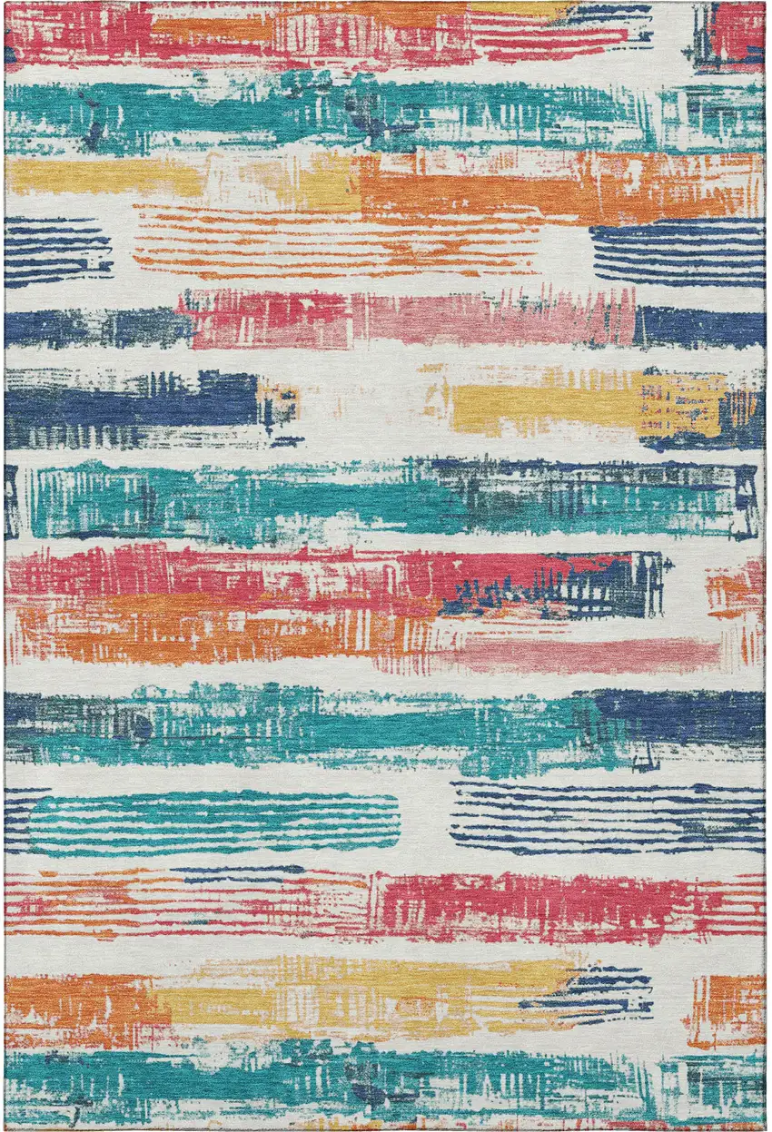 Ivory Teal And Orange Striped Washable Area Rug With UV Protection Photo 3