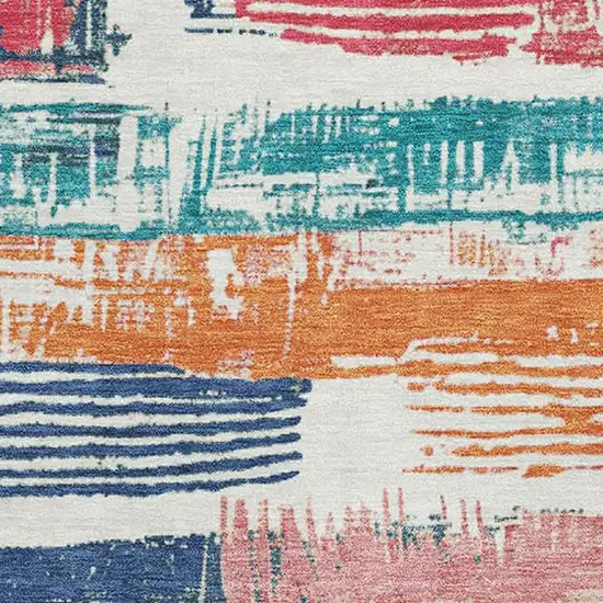 Ivory Teal And Orange Striped Washable Area Rug With UV Protection Photo 2