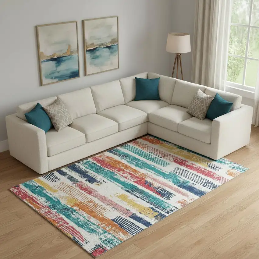 Ivory Teal And Orange Striped Washable Area Rug With UV Protection Photo 2