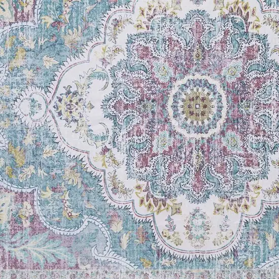 Ivory Teal And Plum Medallion Distressed Area Rug Photo 4