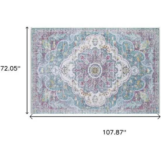 Ivory Teal And Plum Medallion Distressed Area Rug Photo 3