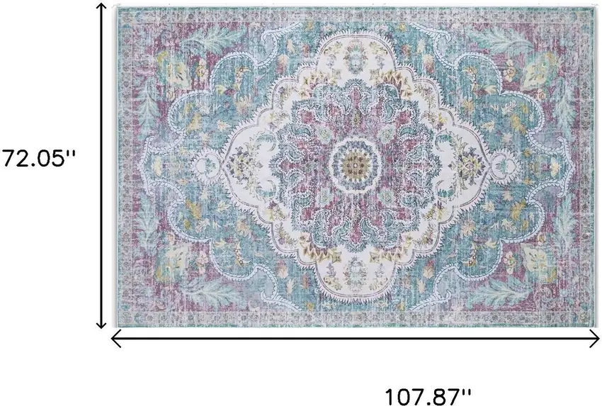 Ivory Teal And Plum Medallion Distressed Area Rug Photo 3