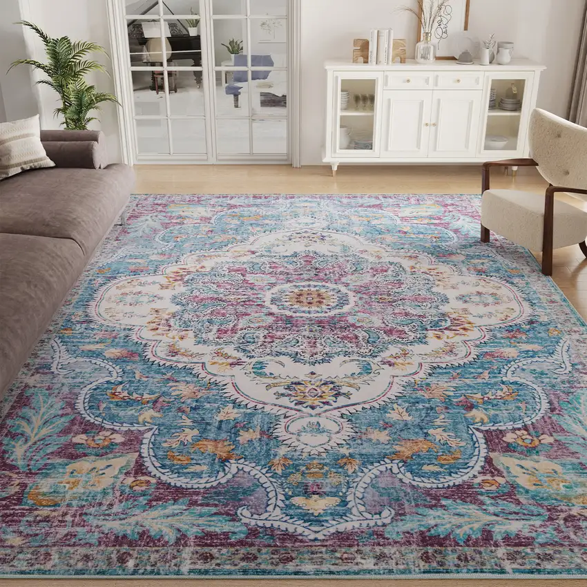 Ivory Teal And Plum Medallion Distressed Area Rug Photo 7