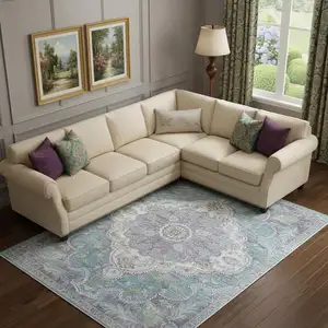 Photo of Ivory Teal And Plum Medallion Distressed Area Rug
