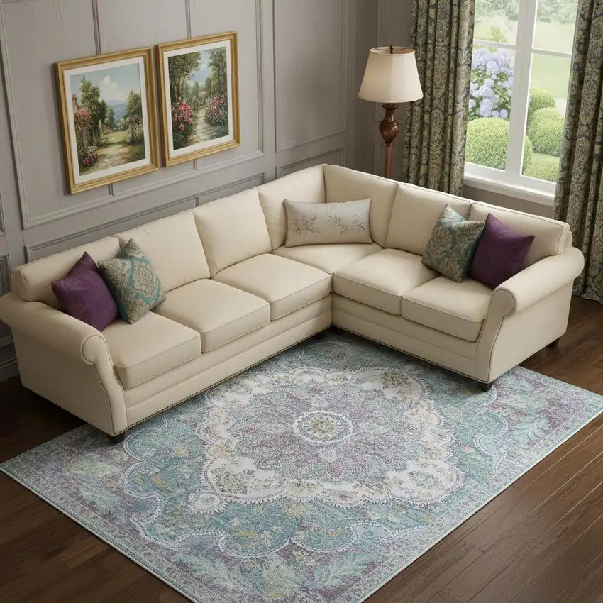 Ivory Teal And Plum Medallion Distressed Area Rug Photo 1
