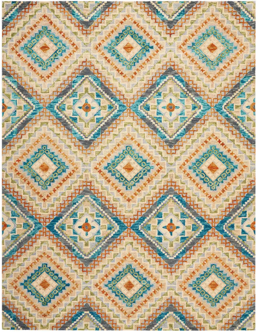 Ivory Teal Blue And Gray Wool Geometric Hand Tufted Area Rug Photo 2