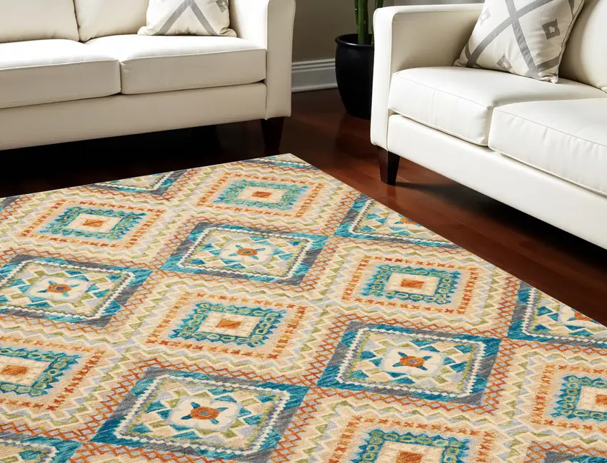 Ivory Teal Blue And Gray Wool Geometric Hand Tufted Area Rug Photo 1
