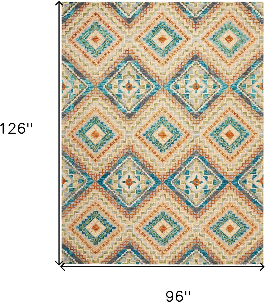 Ivory Teal Blue And Gray Wool Geometric Hand Tufted Area Rug Photo 3