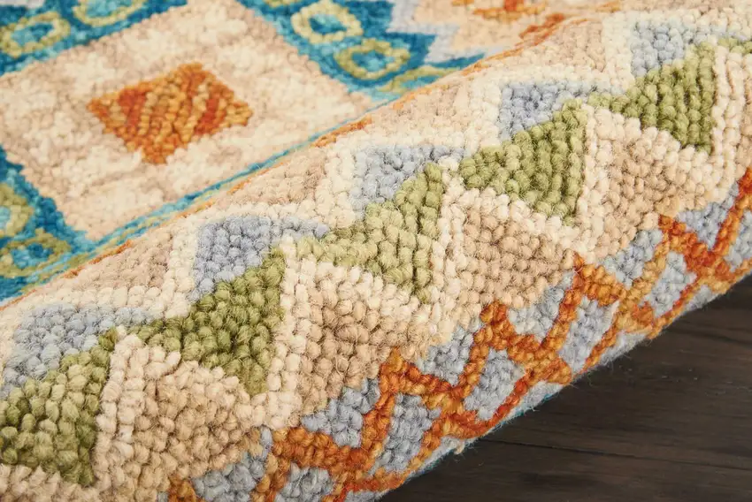 Ivory Teal Blue And Gray Wool Geometric Hand Tufted Area Rug Photo 6