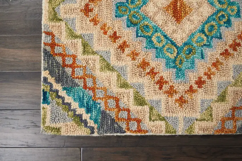 Ivory Teal Blue And Gray Wool Geometric Hand Tufted Area Rug Photo 7