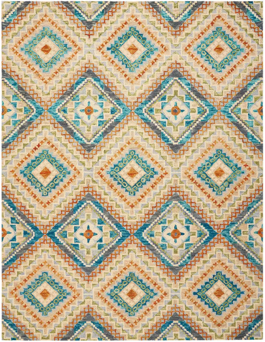 Ivory Teal Blue And Gray Wool Geometric Hand Tufted Area Rug Photo 5