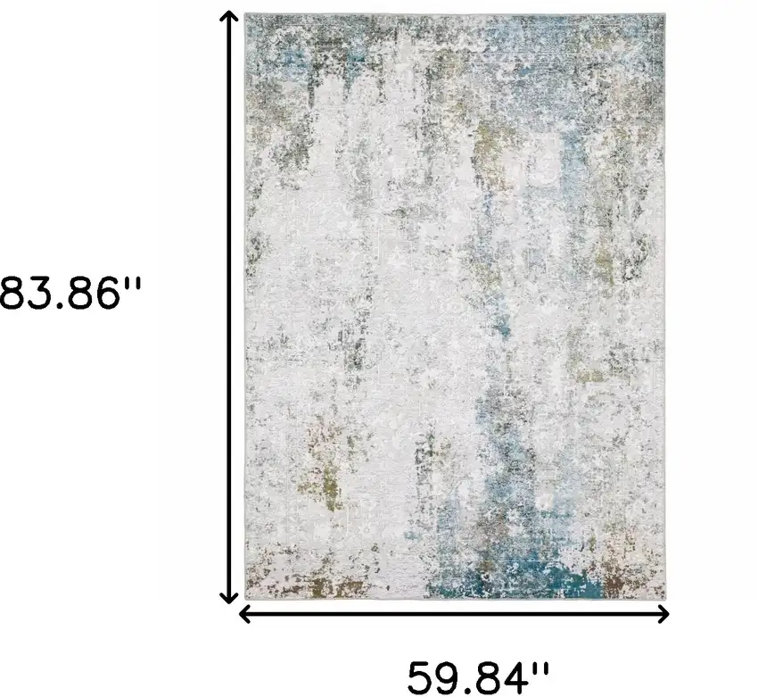 Ivory Teal Blue Grey Brown And Gold Abstract Printed Stain Resistant Non Skid Area Rug Photo 3