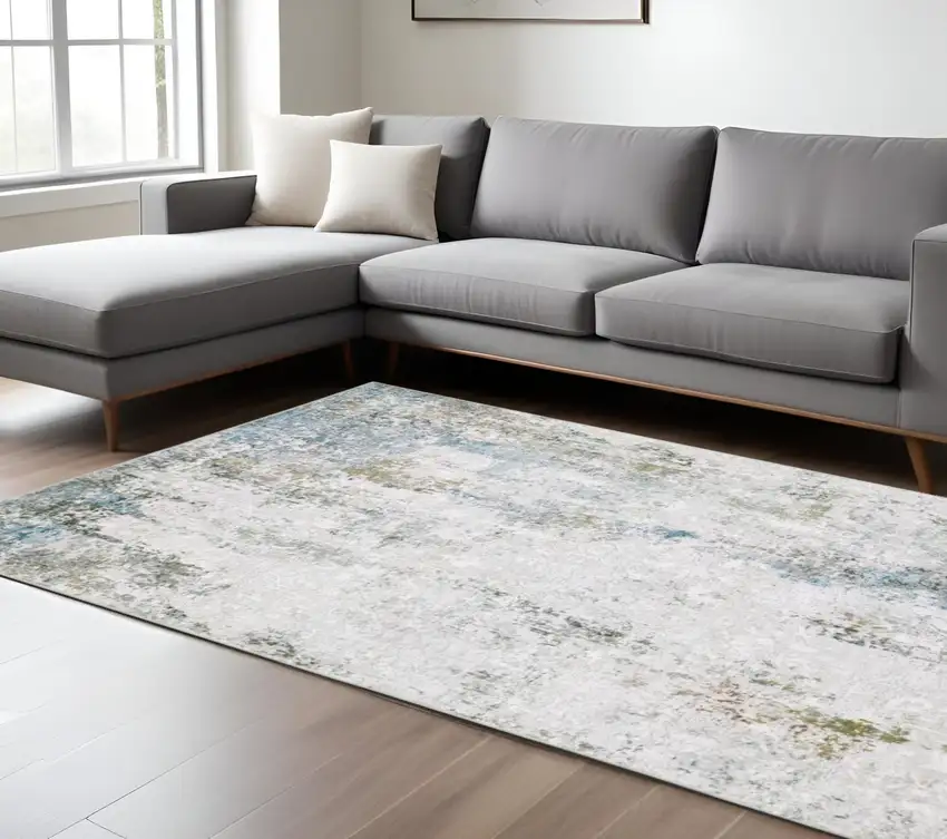 Ivory and Blue Abstract Non Skid Area Rug Photo 1