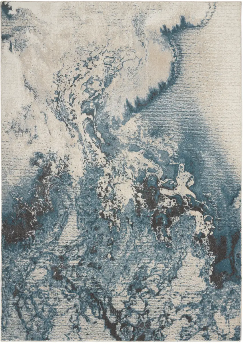 Ivory Teal Blue and Black Abstract Area Rug Photo 1