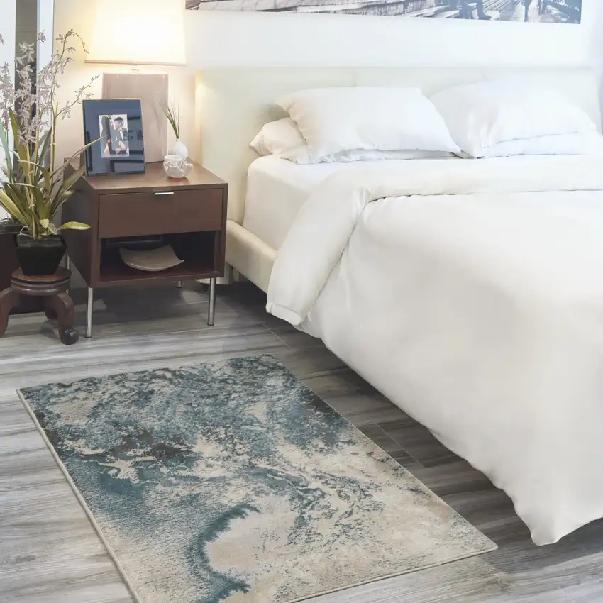 Ivory Teal Blue and Black Abstract Area Rug Photo 3