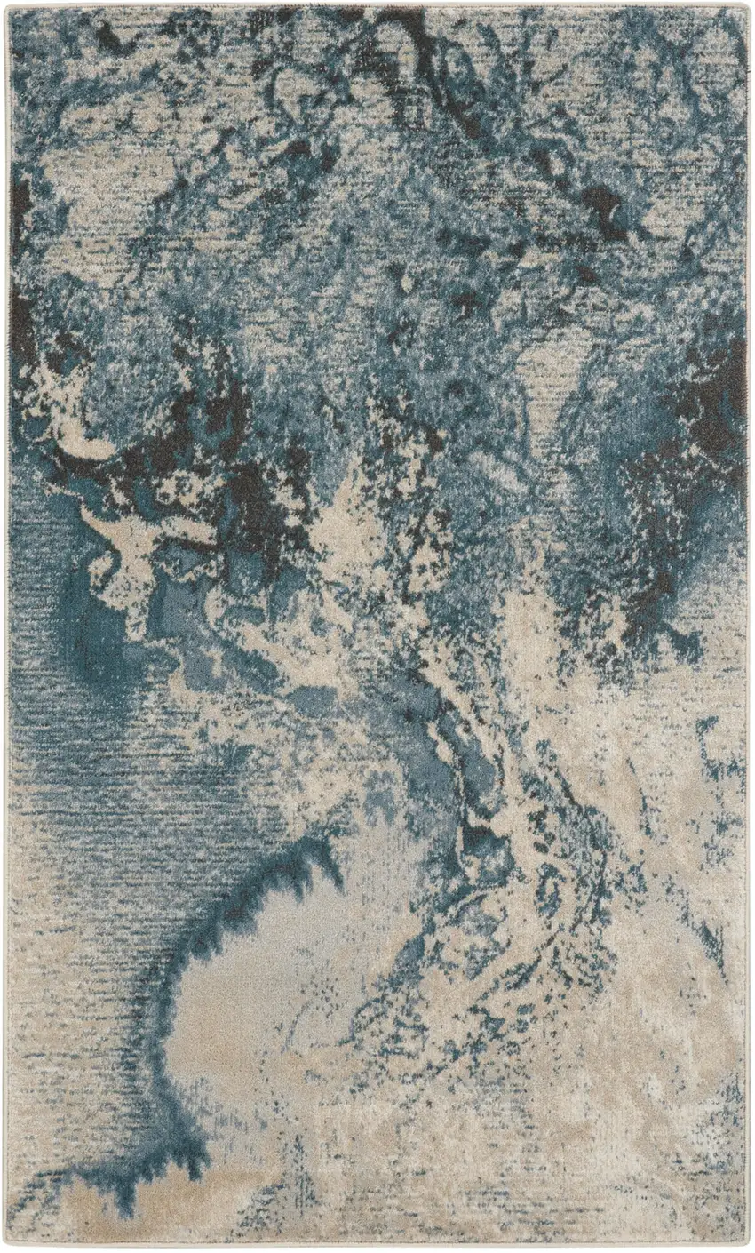 Ivory Teal Blue and Black Abstract Area Rug Photo 1