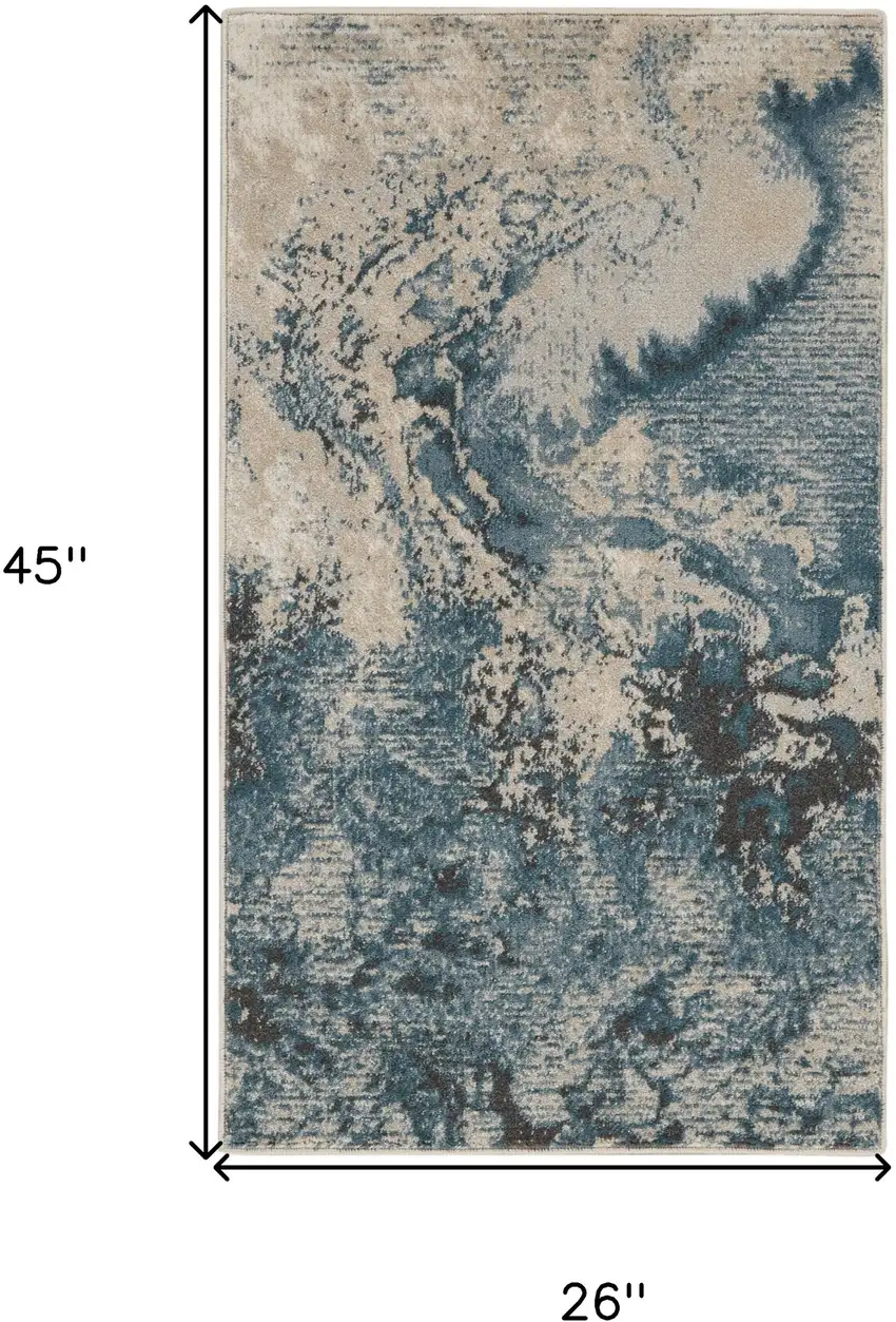 Ivory Teal Blue and Black Abstract Area Rug Photo 3