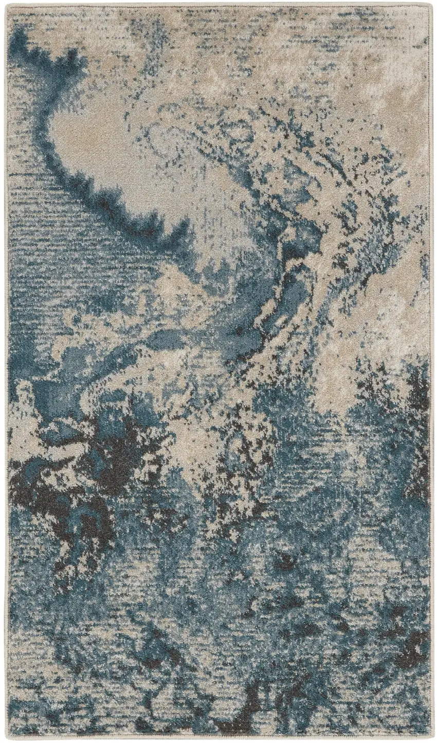 Ivory Teal Blue and Black Abstract Area Rug Photo 7