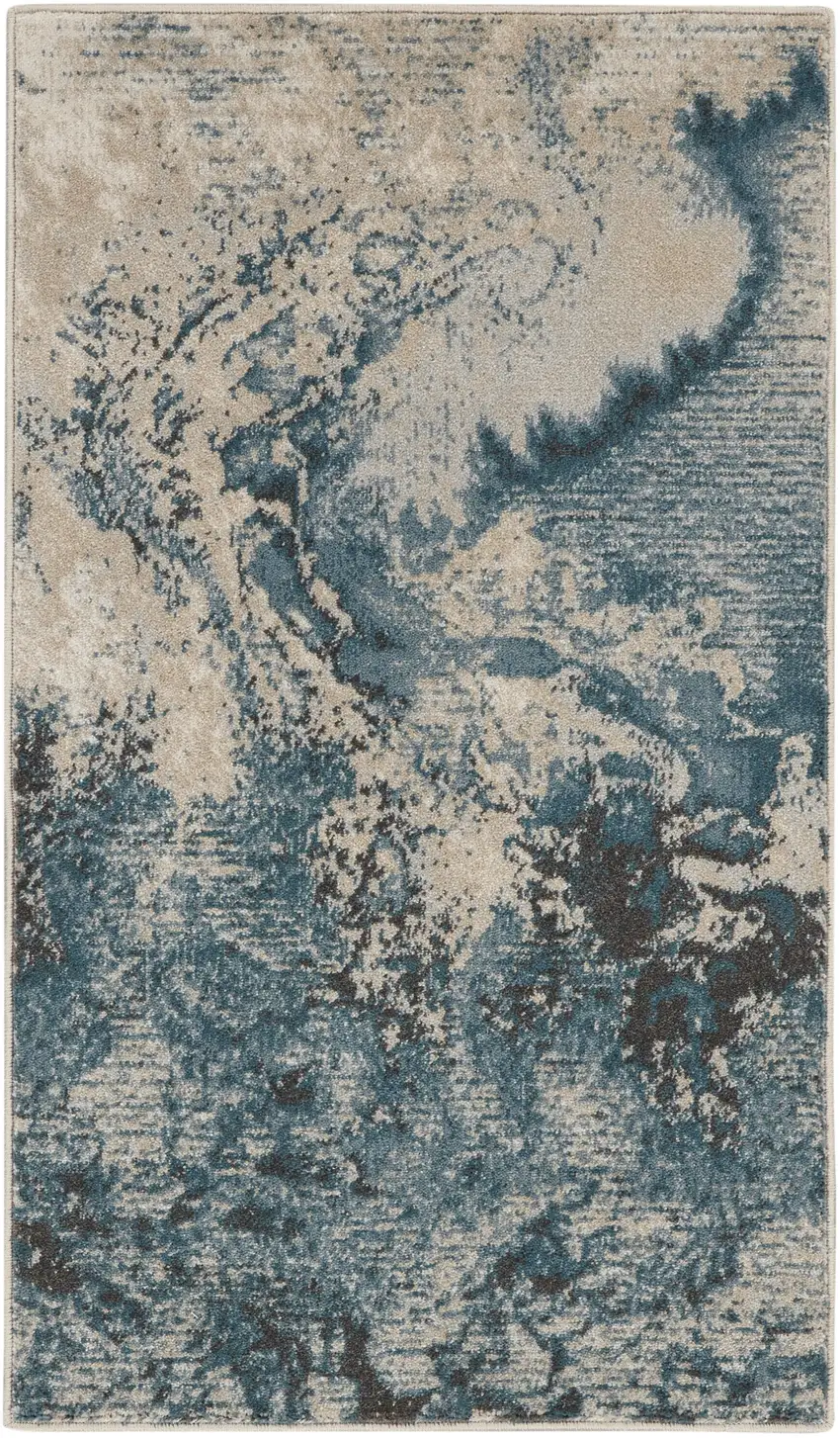 Ivory Teal Blue and Black Abstract Area Rug Photo 2