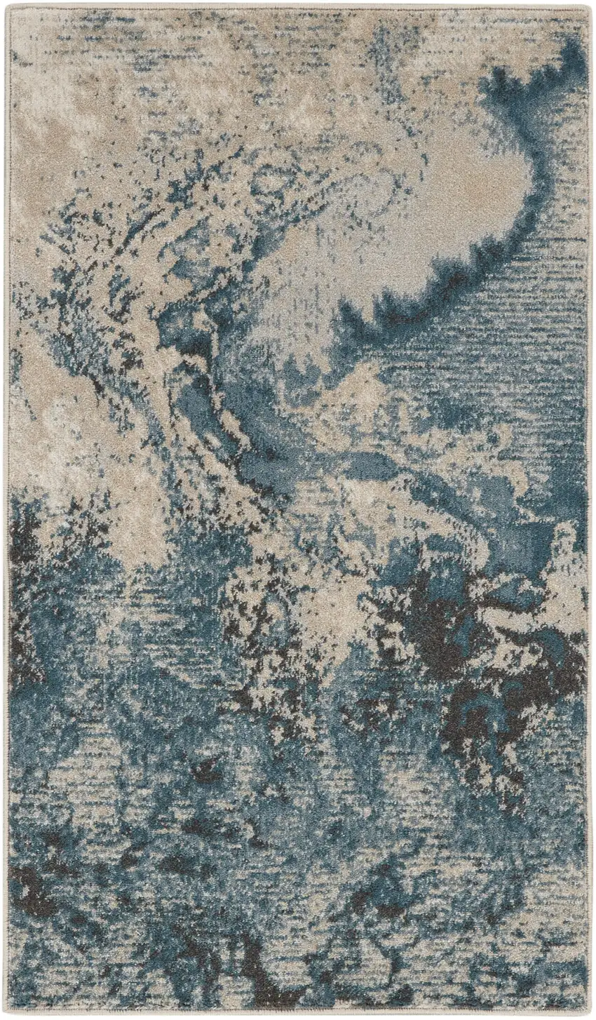 Ivory Teal Blue and Black Abstract Area Rug Photo 8