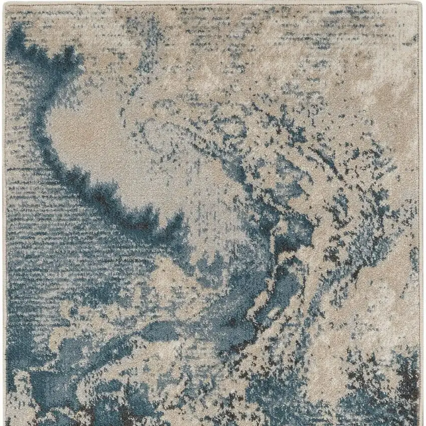 Ivory Teal Blue and Black Abstract Area Rug Photo 3