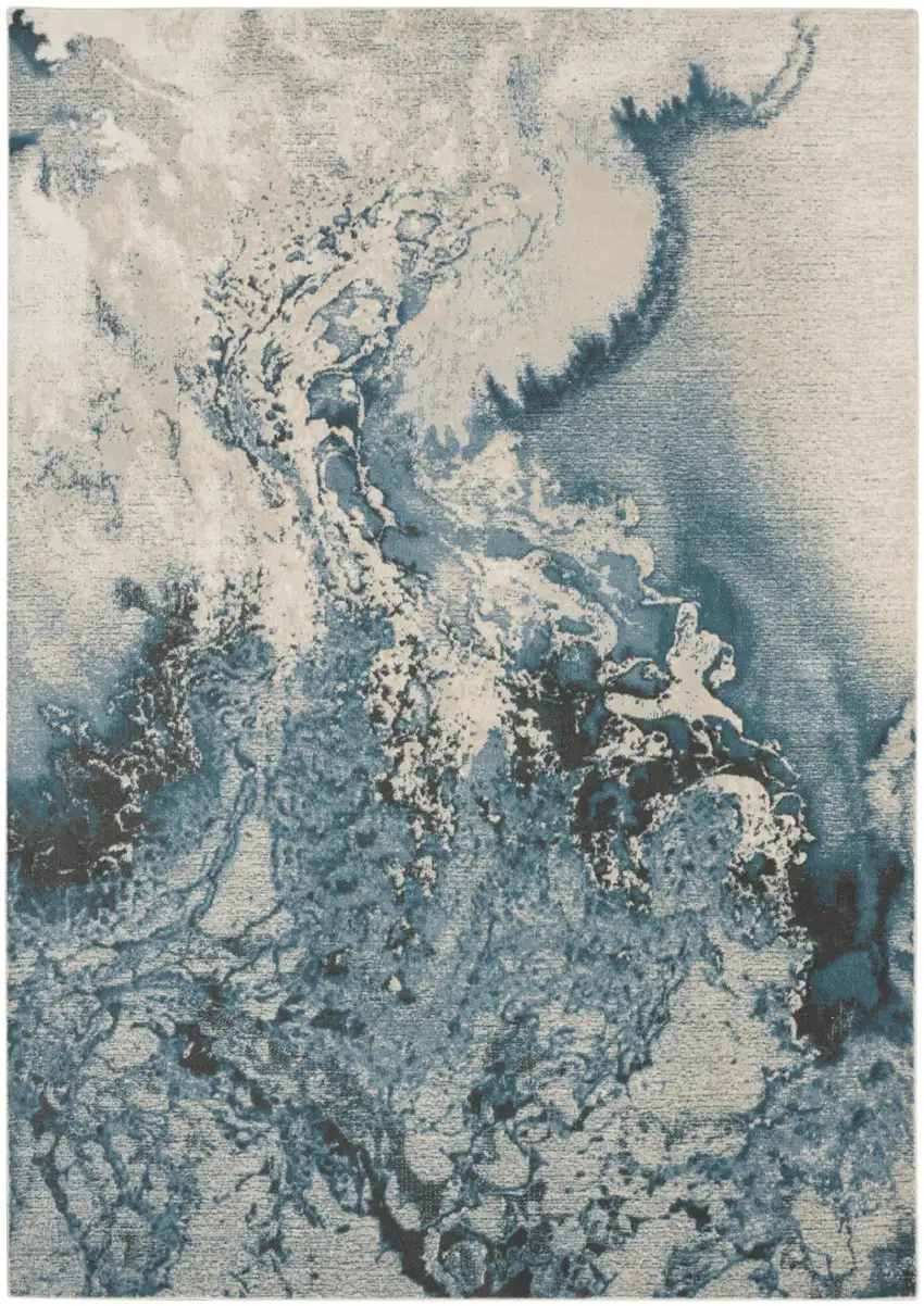 Ivory Teal Blue and Black Abstract Non Skid Area Rug Photo 2