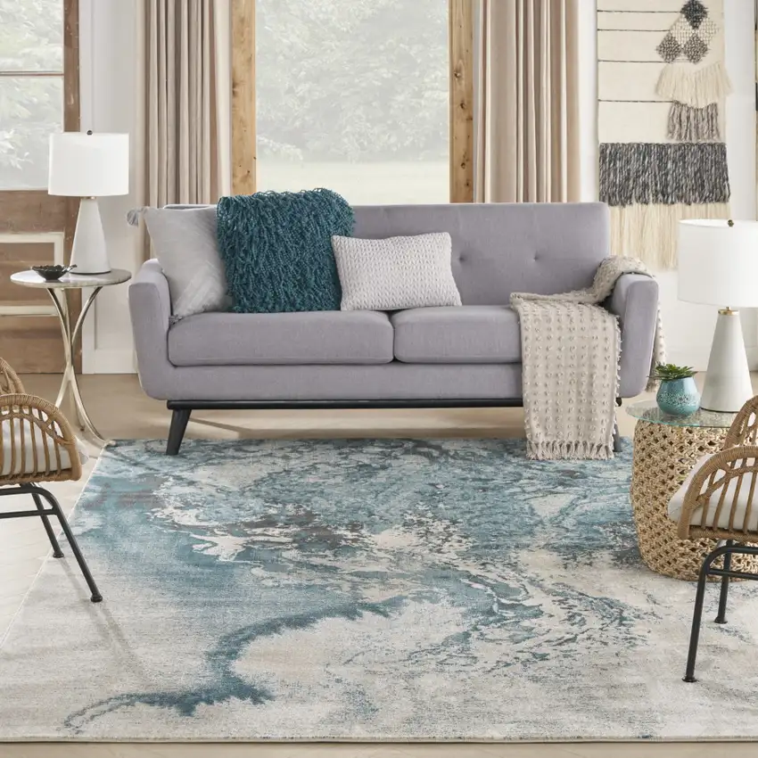 Ivory Teal Blue and Black Abstract Non Skid Area Rug Photo 7