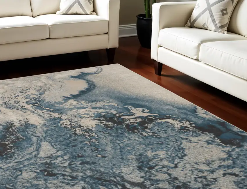 Ivory Teal Blue and Black Abstract Non Skid Area Rug Photo 1