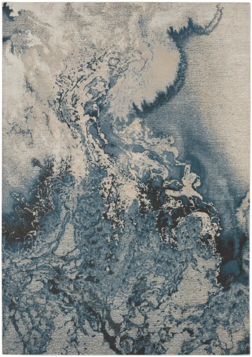 Ivory Teal Blue and Black Abstract Non Skid Area Rug Photo 2