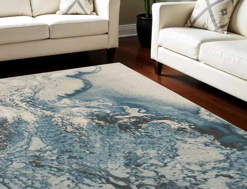 Ivory Teal Blue and Black Abstract Non Skid Area Rug Photo 1