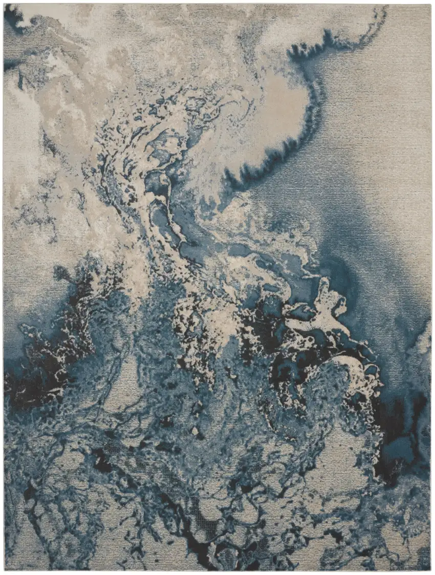 Ivory Teal Blue and Black Abstract Non Skid Area Rug Photo 1