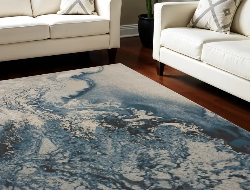 Ivory Teal Blue and Black Abstract Non Skid Area Rug Photo 1