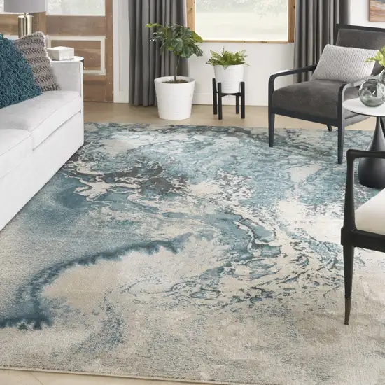 Ivory Teal Blue and Black Abstract Non Skid Area Rug Photo 3