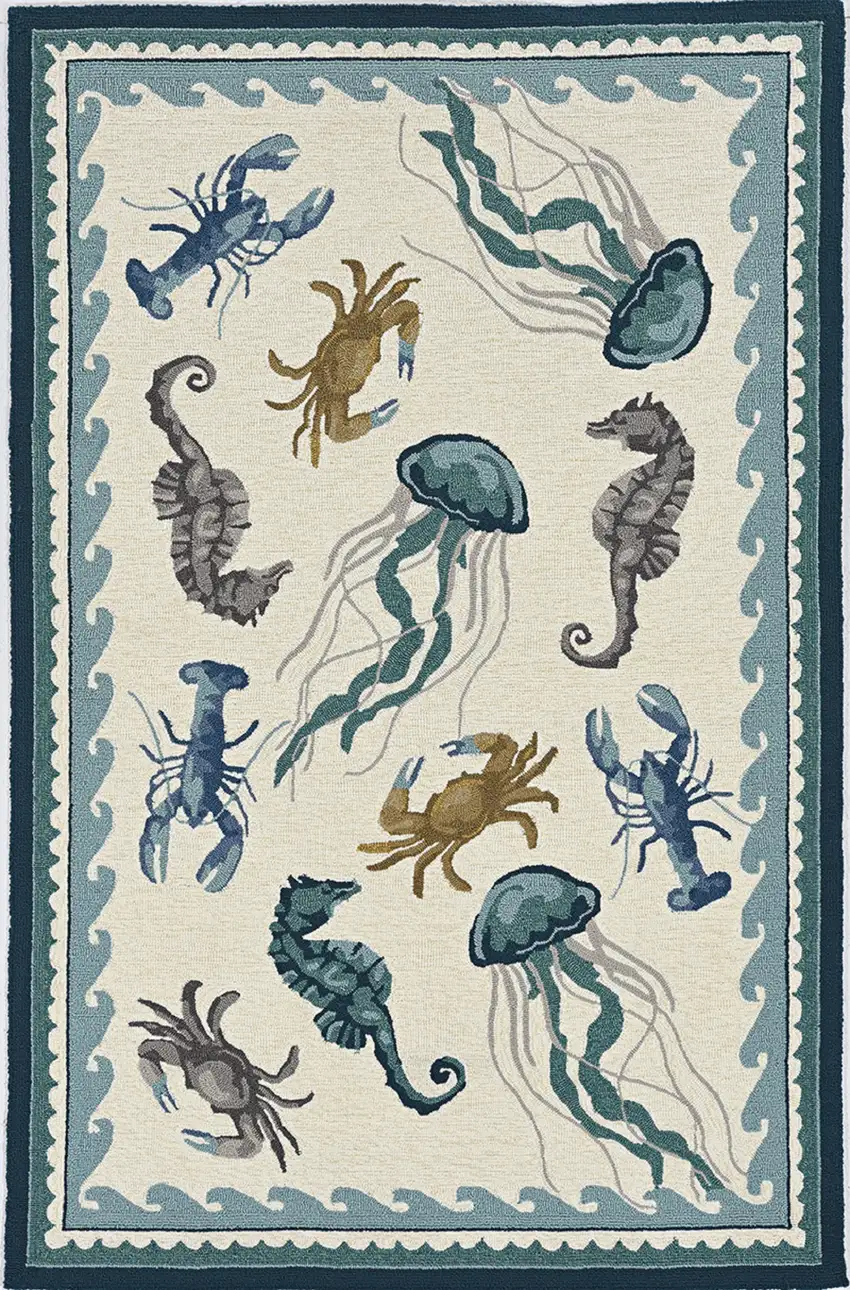 2'X3' Ivory Teal Hand Hooked Uv Treated Bordered Coastal Sea Life Indoor Outdoor Accent Rug Photo 2