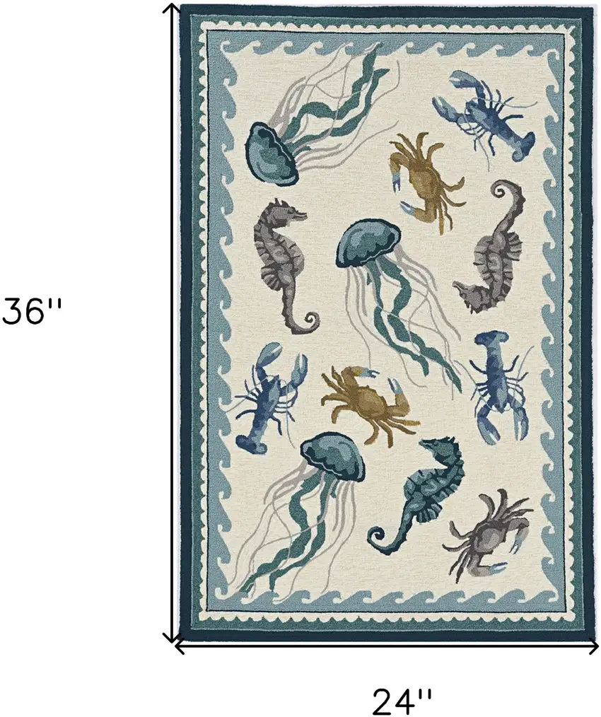 2'X3' Ivory Teal Hand Hooked Uv Treated Bordered Coastal Sea Life Indoor Outdoor Accent Rug Photo 3