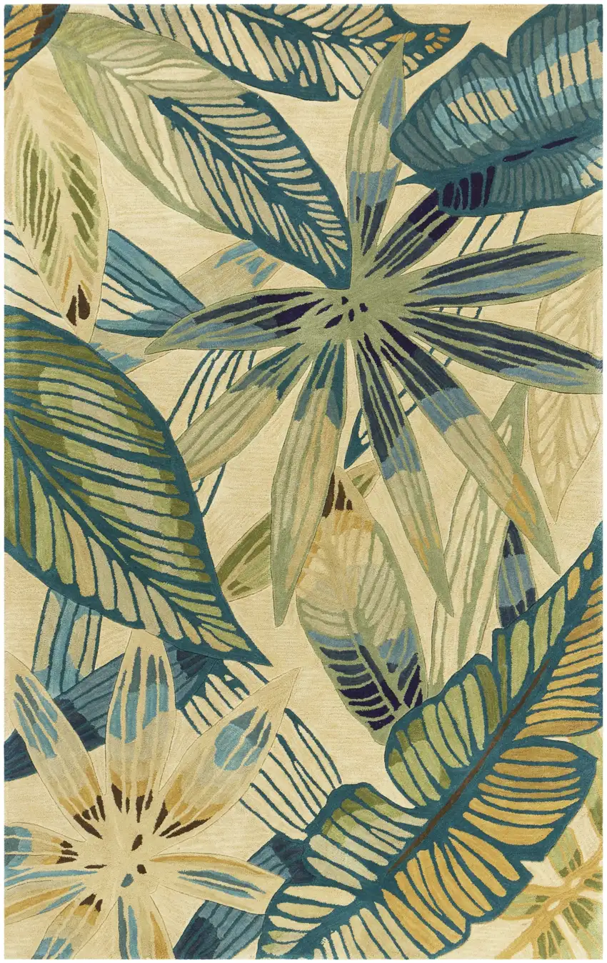 Ivory Teal Hand Tufted Tropical Leaves Indoor Area Rug Photo 1