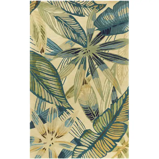 Ivory Teal Hand Tufted Tropical Leaves Indoor Area Rug Photo 1